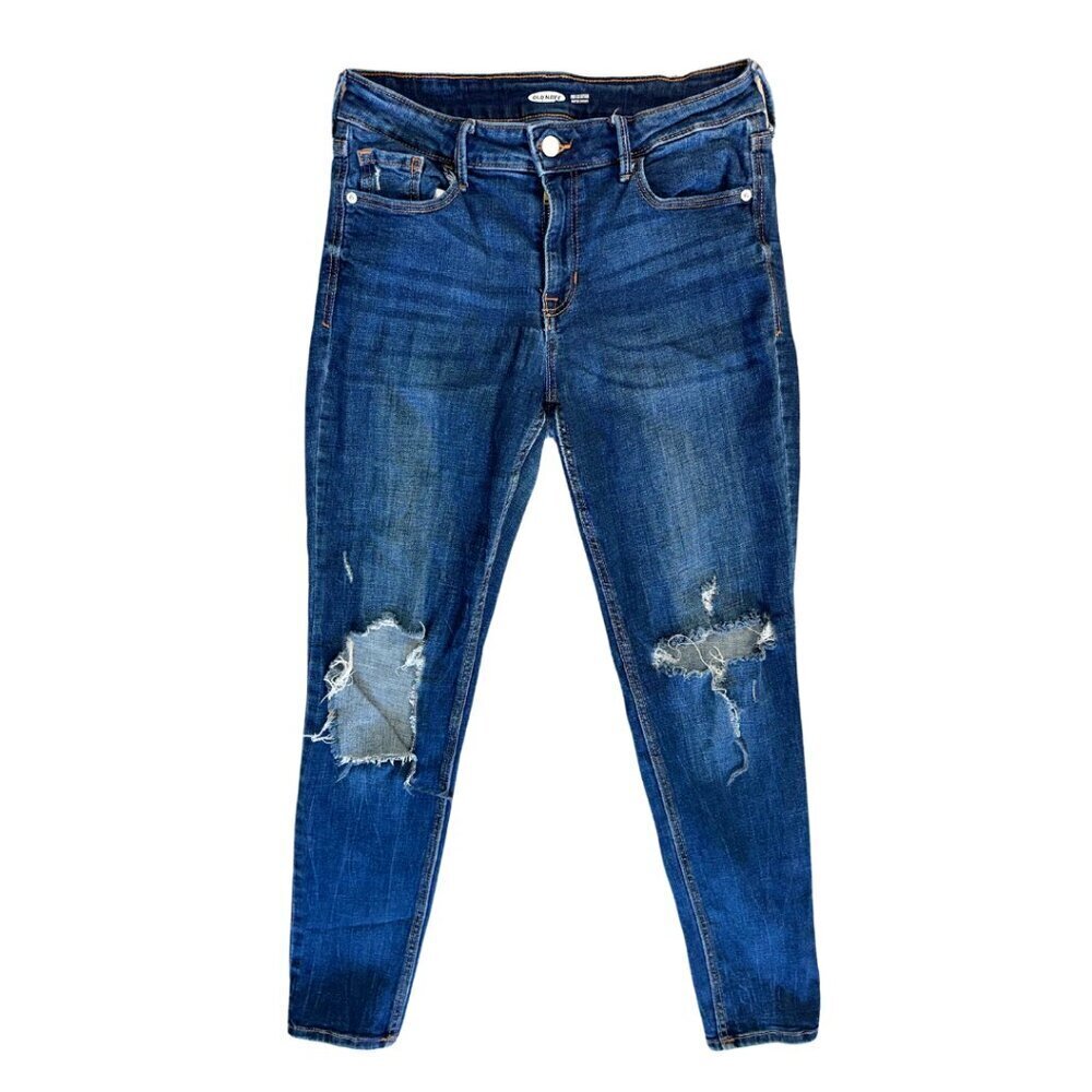 Dark Blue High Rise Super Skinny Jeans Old Navy Rockstar Knee Holes Size 8 Women